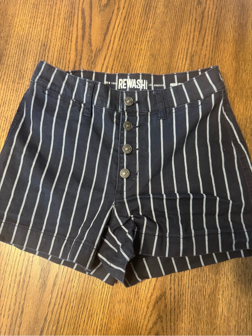 Rewash Navy and White Pinstripe High-Waist Button Shorts